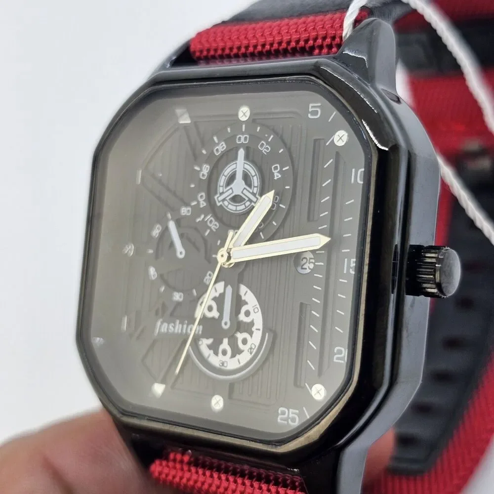Men's Minimalist Watch 42MM Black Dial Date Indicator Black Red Canvas Bands‎